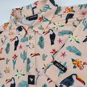 Bad Birdie Mens S Polo Shirt Peach Toucan Cactus Tropical AOP Golf Performance